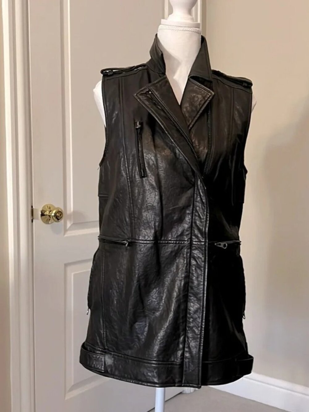 Black leather long motorcycle vest